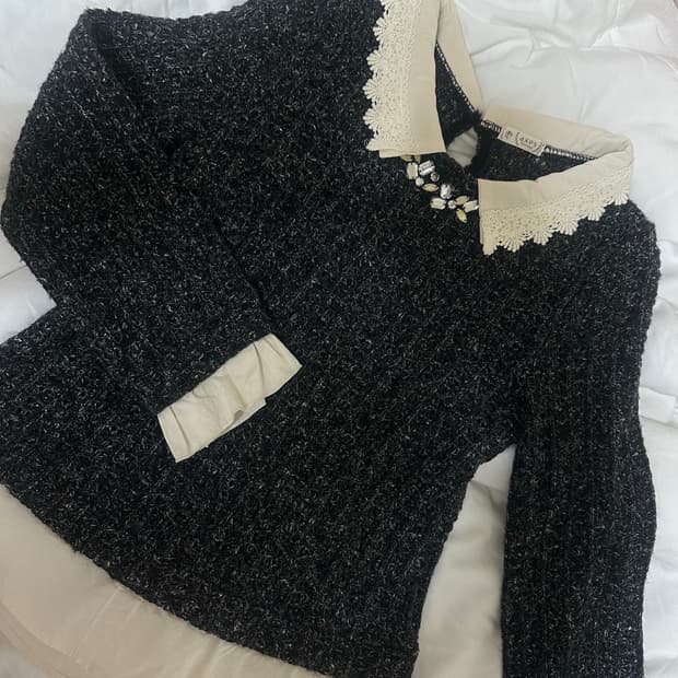 엑시즈팜 히메/로맨틱갸루 모리걸 레이스넥 셔츠 레이어드 니트