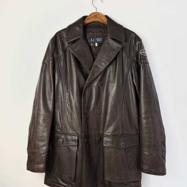 00s 아르마니 진스 더블 브레스티드 레더 하프 코트