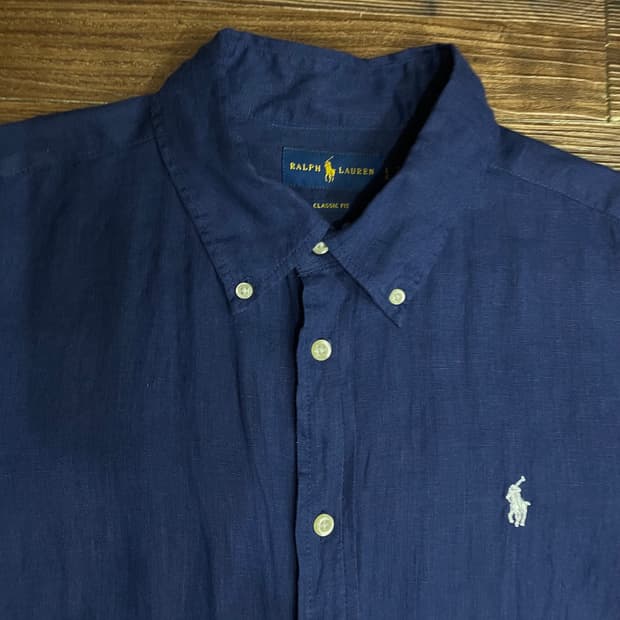 폴로 클래식핏 린넨 솔리드 셔츠 네이비