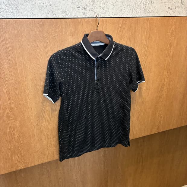 빈티지 PK 반팔 티셔츠 도트 패턴 배색 라인 디테일 블랙 k341