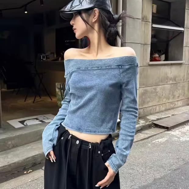 빈티지 갸루 핀터깔 y2k 워싱 데님 청 오프숄더 크롭 긴팔 티셔츠