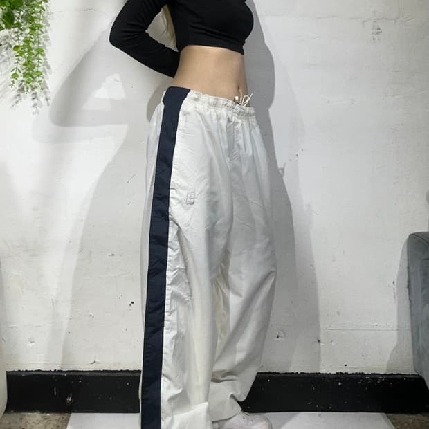 90s 나이키 화이트 테니스 로고 네이비 사이드 라인 와이드 트랙 팬츠