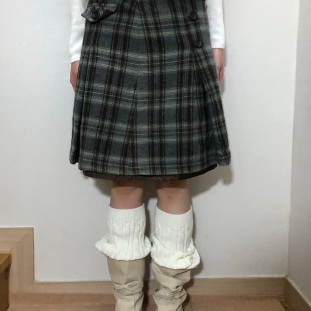 빈티지 그린 체크 울 미디 스커트