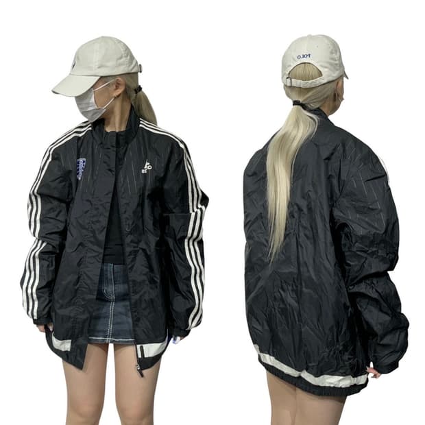 아디다스 블랙 화이트 삼선 오버핏 바람막이 트랙 자켓 M