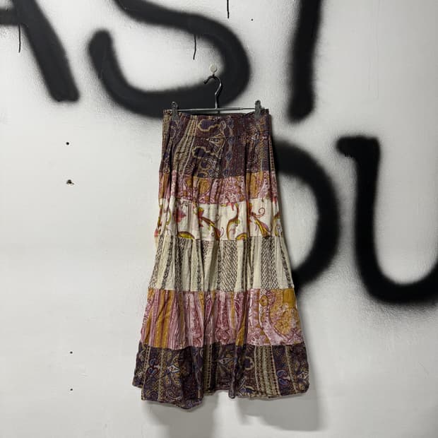 VTG 빈티지 보헤미안 히피 패치워크 캉캉 플레어 롱스커트