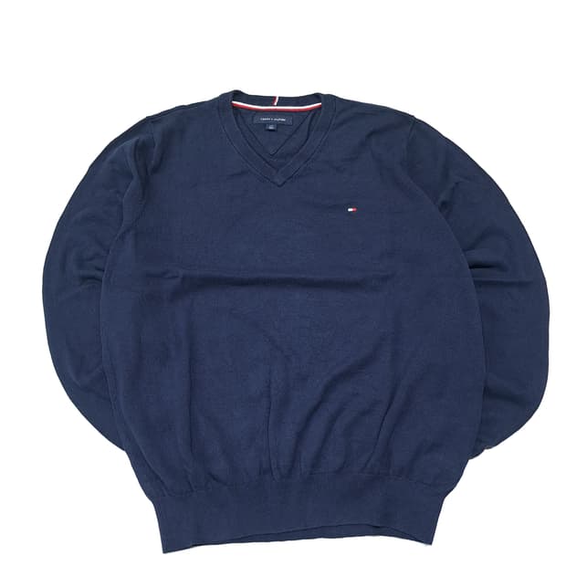 CL219 L 타미힐피거 코튼 삼색테이핑 네이비 브이넥 니트 스웨터