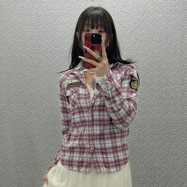 빈티지 캐주얼 웨스턴 키치 체크 워크 버튼 후드 셔츠 K0443
