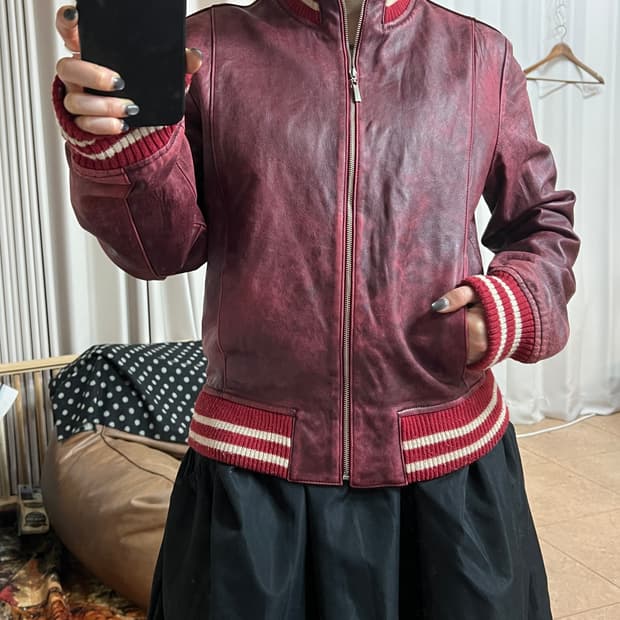 FNS 빈티지 핑크 에이징 양가죽 블루종자켓 