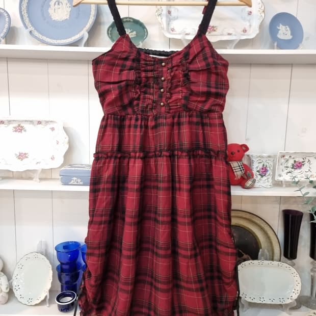 axes femme 레드 체크 프릴 슬립 원피스