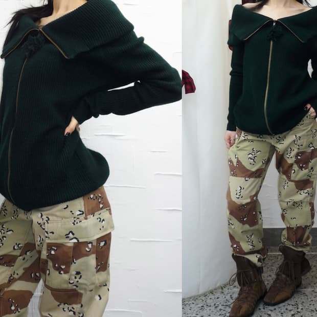 Deep green off-shoulder zip up