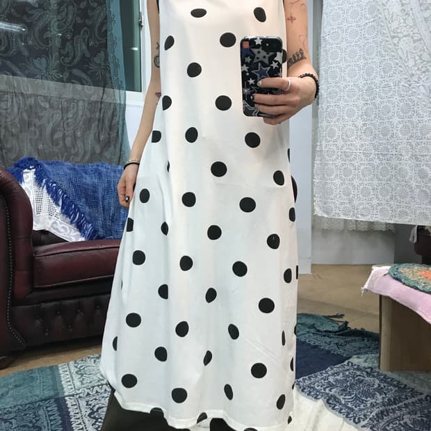 빈티지 여성 도트 민소매 원피스