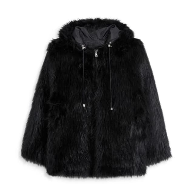 REVERSIBLE FAUX FUR HOOD JACKET, BLACK