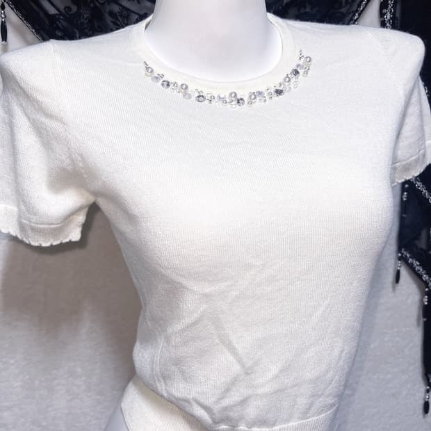 화이트 큐빅비즈 크롭 반팔니트 로걀탑 로맨틱갸루 달천 히메 러블리 핀터