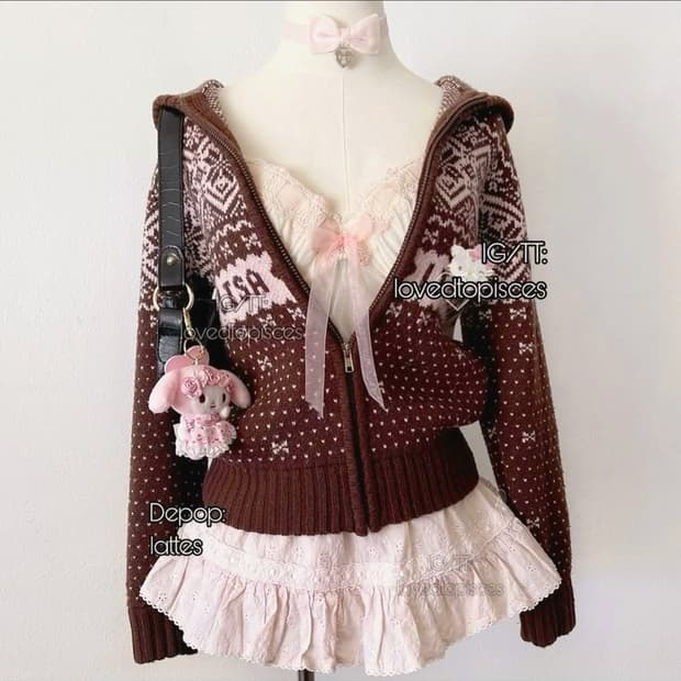 Lizlisa 리즈리사 아가일 딸기 초코 라떼갸루 가디건 브라운 핑크일브