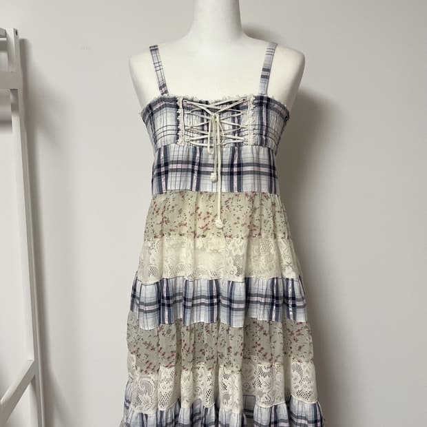 가격제시)일본빈티지 대대장 모리걸 가로패치 시나기 아일렛 패치원피스