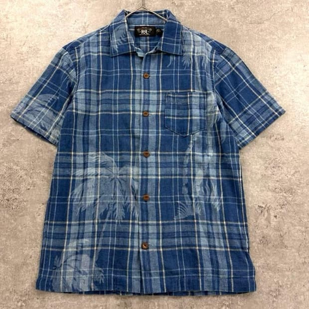 RRL 더블알엘 인디고 코튼 리넨 팜트리 체크 캠프 반팔 셔츠