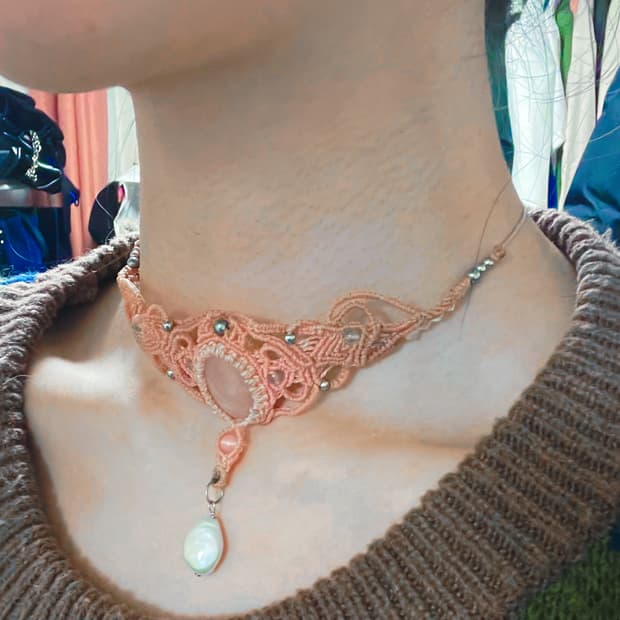 마크라메로만 올핑크 천연 로즈쿼츠 초커 목걸이 진주 펄