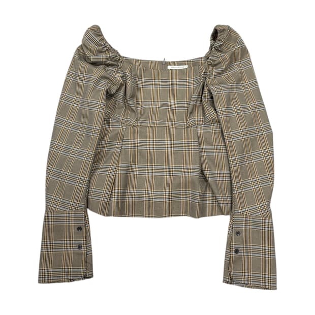 인스턴트펑크 러블리 스퀘어넥 체크 퍼프 블라우스 베이지