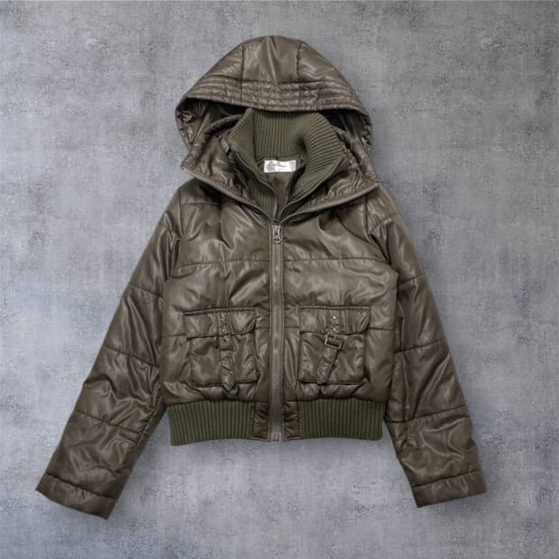 Sewardical 카키브라운 레이어드 니트넥 후드 숏패딩 M