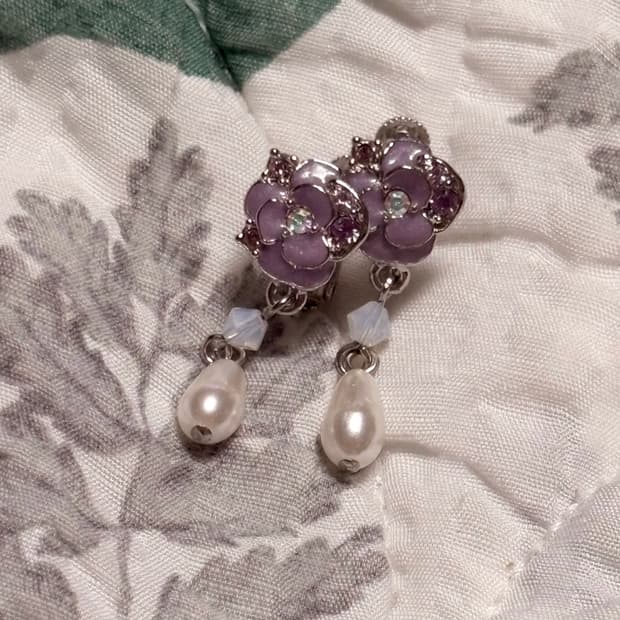 Anna Sui 안나수이 925 실버 연보라꽃 담수진주 드롭 귀찌 귀걸이