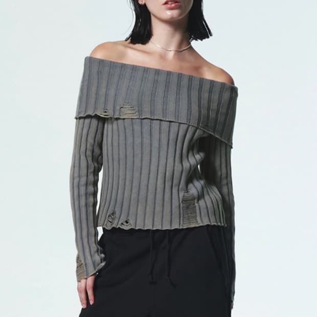 커렌트 워싱 오프숄더 니트 탑 그레이