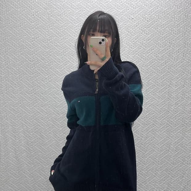 타미힐피거 올드스쿨 레트로 딥그린 배색 니트 집업 가디건 M C09337