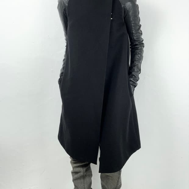 Rick Owens Wool Leather Sleeve Long Coat