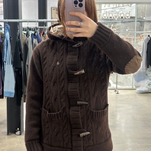 빈폴 초코체크 암패치 꽈배기 더플니트자켓 