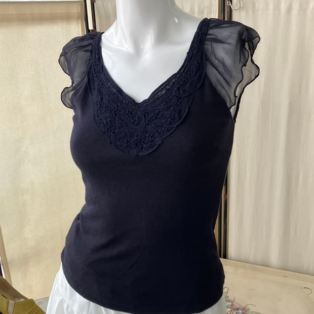 navy crochet shoulder sheer blouse