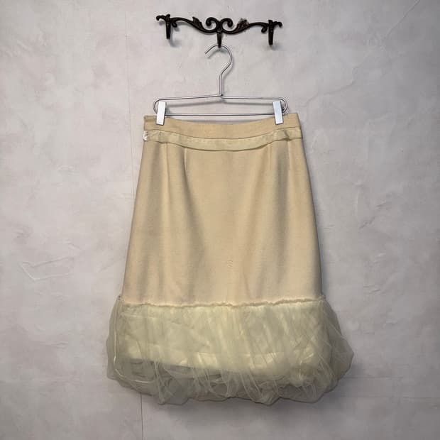 Ivory wool mesh balloon shirring skirt 