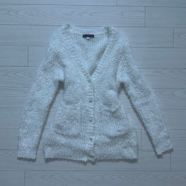 폭닥 히메갸루 일브 진주, 크리스탈 단추 / 헤어리 모헤어 브이넥 가디건