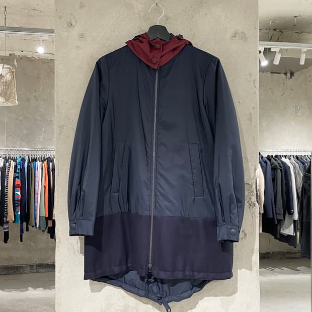 질샌더 네이비 배색 도킹 후디 롱 자켓