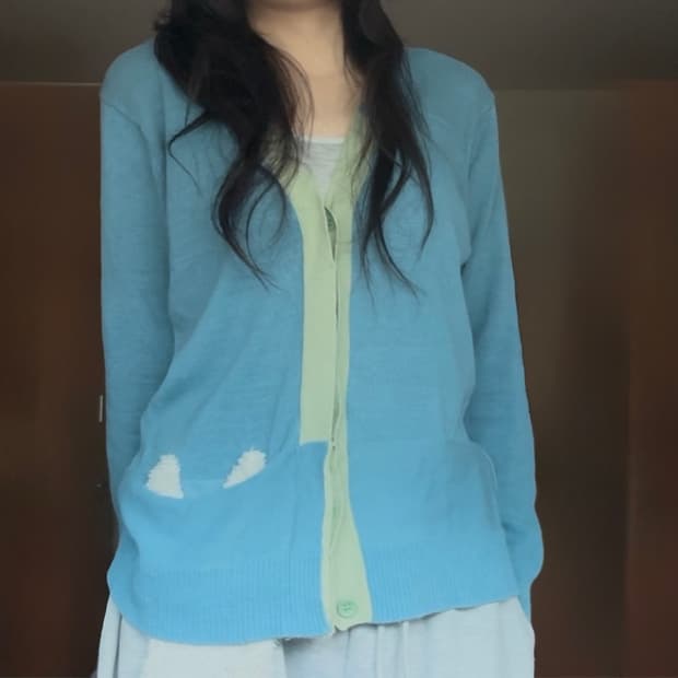 Ne net 고양이 주머니 배색 브이넥 가디건// 모리