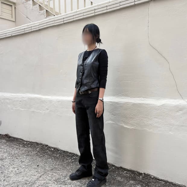 Washed leather straight pants 