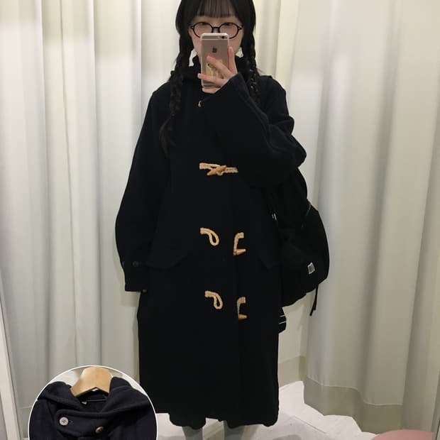 다크 네이비 후드 더플 코트