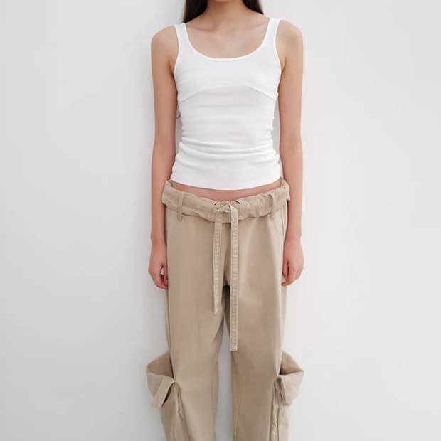Open yy washed rolled cargo pants beige