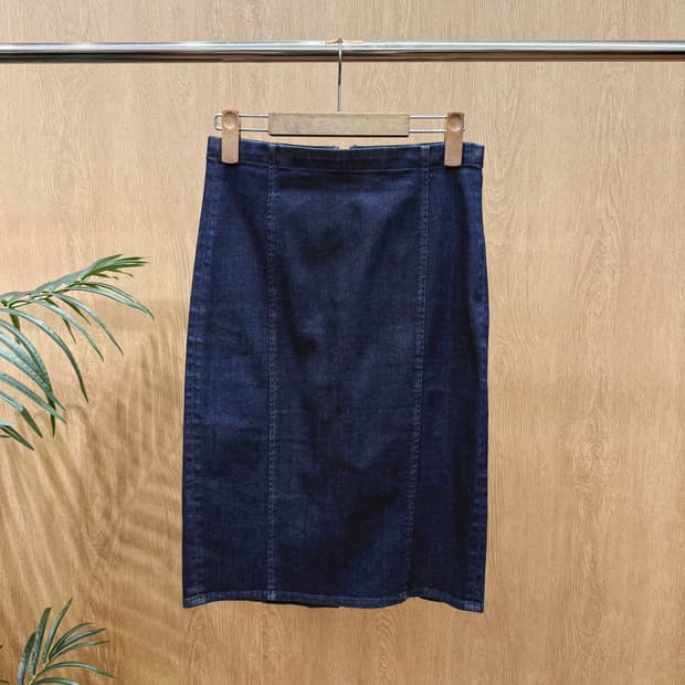 폴로 랄프 로렌 인디고 데님 미디스커트 슬릿 디테일 H라인 진청
