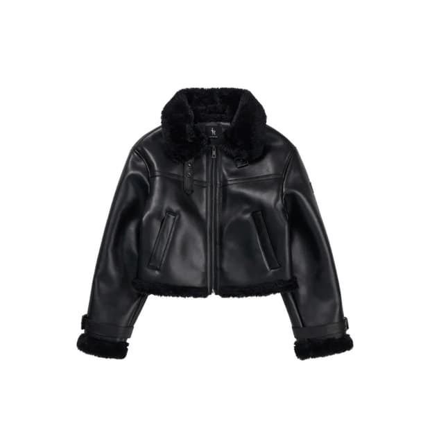 레더리 오블리크 오버핏 레더 무스탕 자켓 블랙