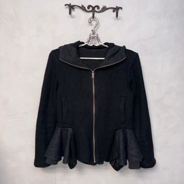 Black flare ruffle layered hood zipup 