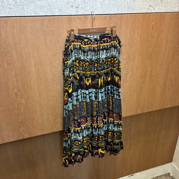 빈티지 플리츠 롱 스커트 에스닉 기하학 패턴 스트링 디테일 k294