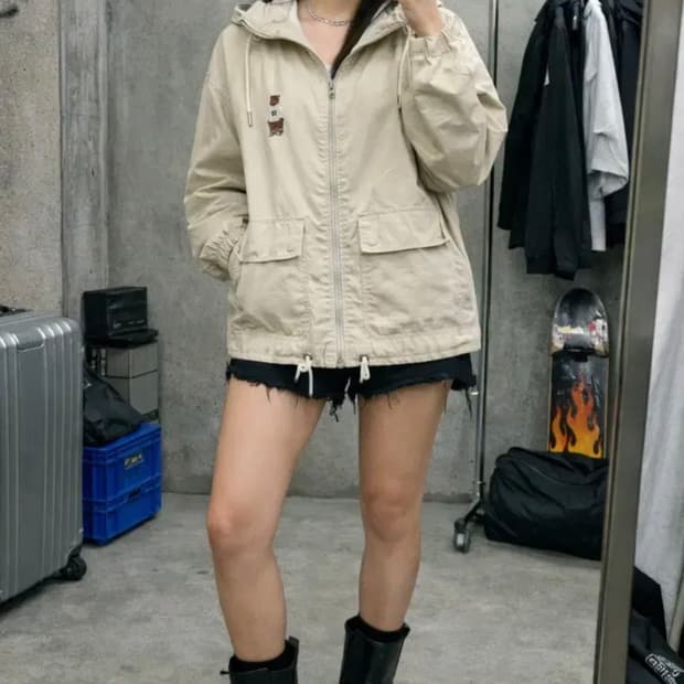 후아유 WHO.A.U 베이지 후드 바람막이 데일리 윈드브레이커