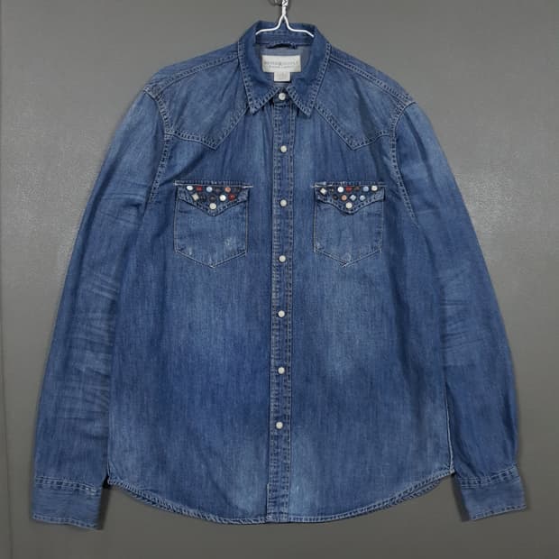 L) 폴로 데님앤서플라이 자개 비즈 디테일 워시드 웨스턴 데님 셔츠