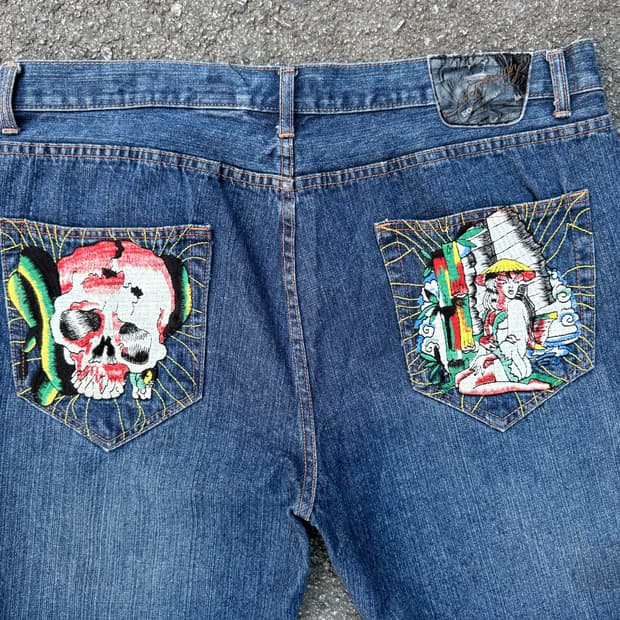 에드하디 스컬 자수 데님 팬츠