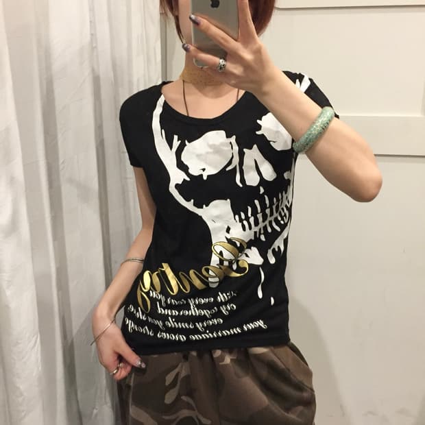JPN Vintage 고스펑크 고딕 스컬 백 시스루 반팔
