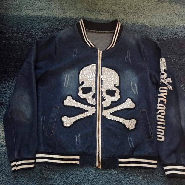 택포)(주의사항)빈티지 스컬자수 샌즈파피루스 미국별자수 데님바시티자켓