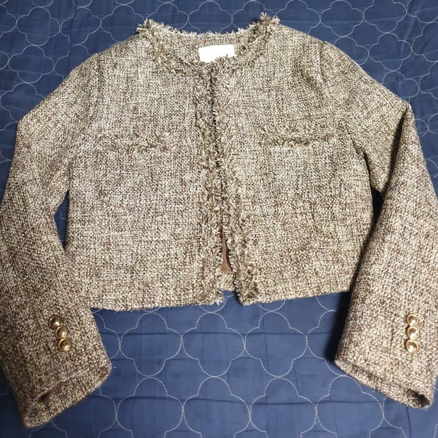 EEYOU 크롭 버튼리스 트위드 자켓 브라운 (F)