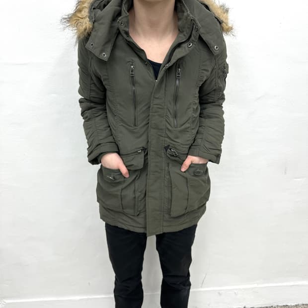 Khaki shirring fur jacket