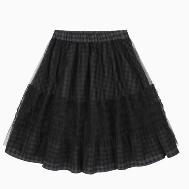 오헤시오 레이어드 시어 프릴 스커트, 카키색 재고 체크아웃