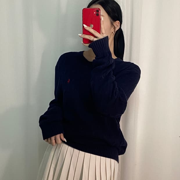 폴로 꽈배기 네이비 포니 니트