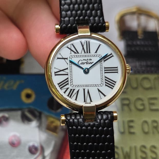 빈티지 까르띠에 머스트드 방돔 화이트로만 블루핸즈 쿼츠 여성용 (감정서 